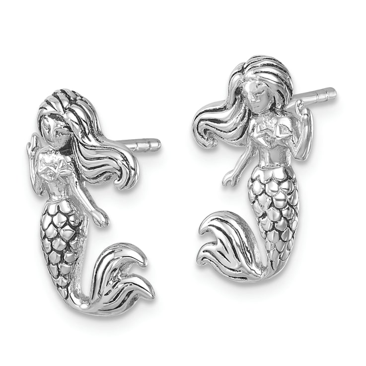 Rhodium Over Sterling Silver Antiqued Mermaid Earrings