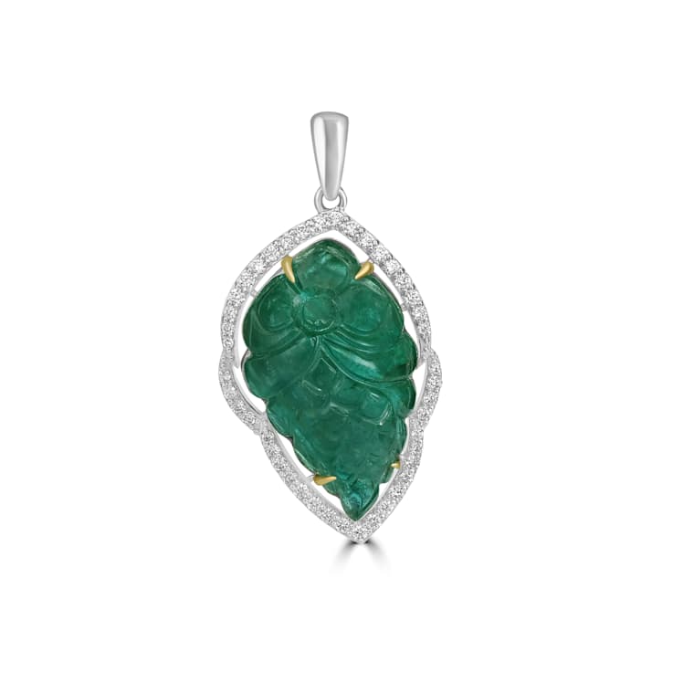 46.63 Ctw Carved Emerald 1.21 Ctw White Diamond Pendant in 18K WG