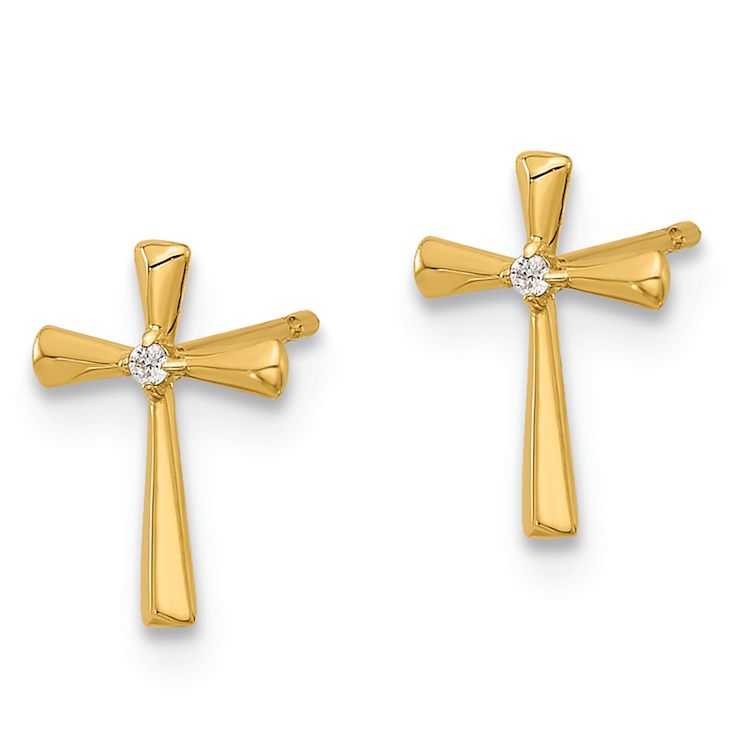 14k Yellow Gold Children's Polished Cubic Zirconia Cross Stud Earrings