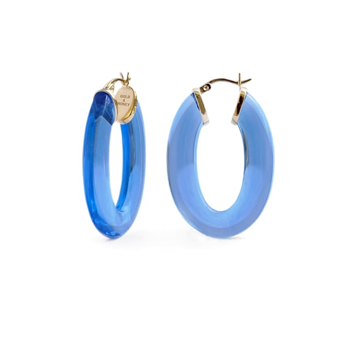 14K Yellow Gold Over Sterling Silver Flat Oval Acrylic Hoops in Blue