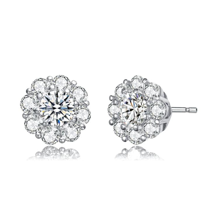Flower CZ Stud Earrings In Sterling Silver