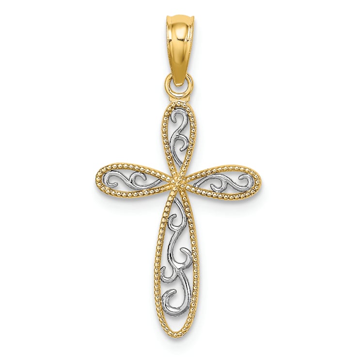 14k Yellow Gold and Rhodium Over 14k Yellow Gold Textured Filigree and
Milgrain Cross Pendant