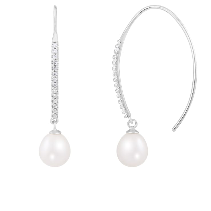 7-8mm white cultured freshwater pearl rhodium over sterling silver earrings