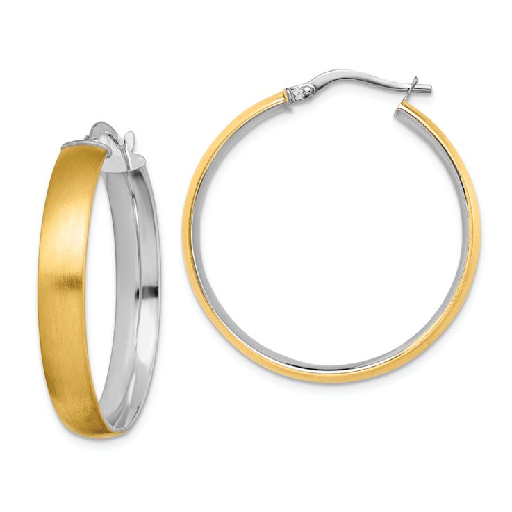 14k Yellow Gold and Rhodium Over 14k Yellow Gold 1 1/4" Large
Polished and Satin Hoop Earrings