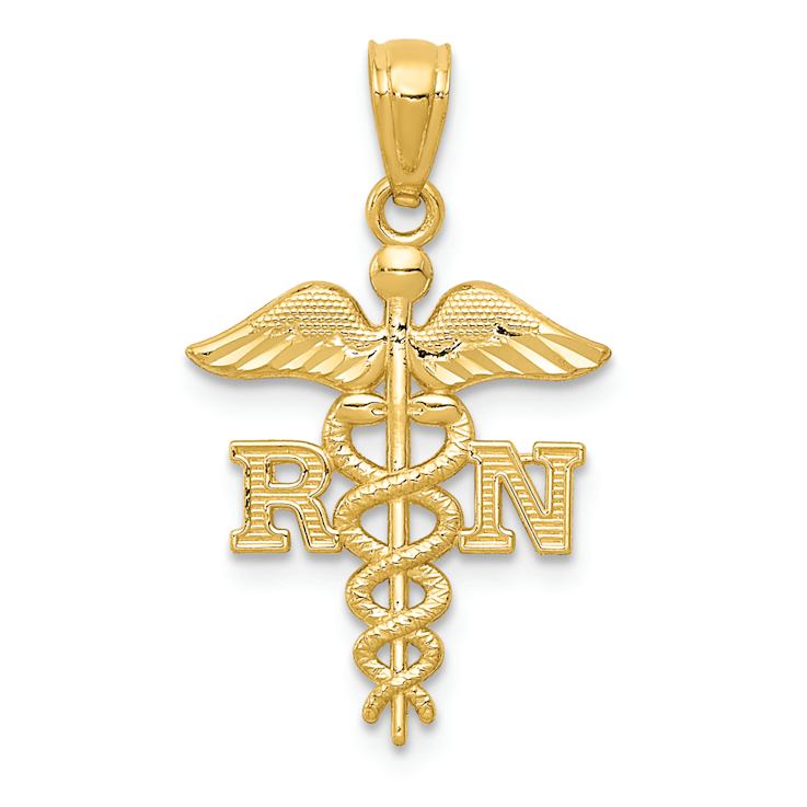 14k Yellow Gold Diamond-Cut, Textured and Polished RN Nurse Pendant