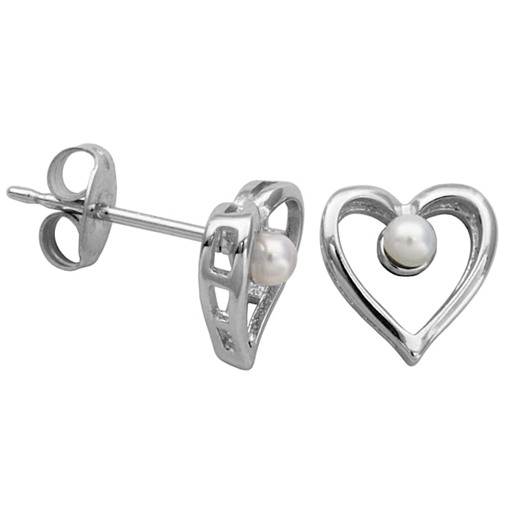 2.5-3mm White Cultured Freshwater Pearl Rhodium Over Silver Heart Earrings