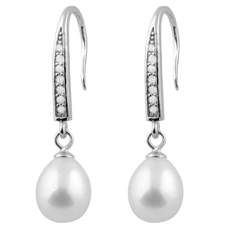 7-8mm White Cultured Freshwater Pearl and Cubic Zirconia Rhodium Over
Sterling Silver Earrings