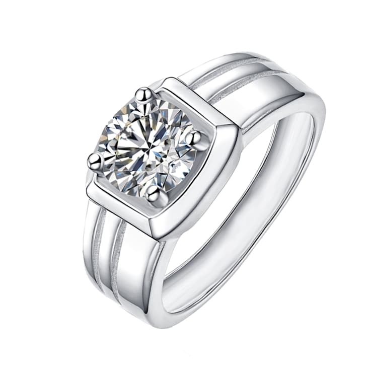 Square CZ Grooved Band Ring In White Rhodium Over Brass 1.0ctw