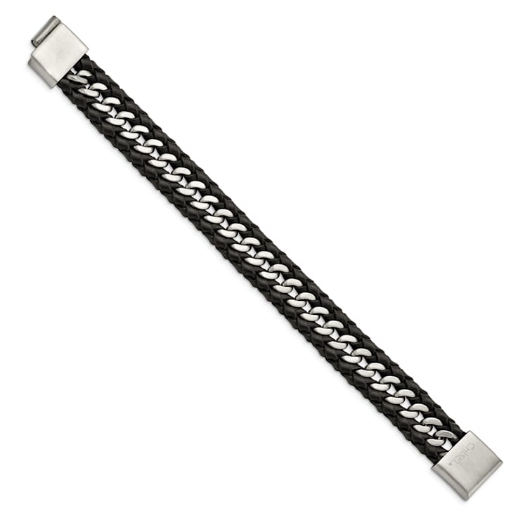 Black Leather and Stainless Steel Brushed 8.5-inch Bracelet