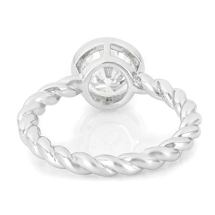 Bezel Set Moissanite Solitaire Ring With Rope Textured Band In
Platinum-Enhanced Sterling Silver