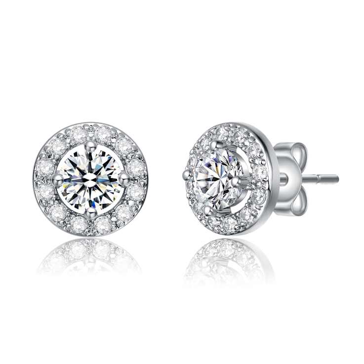 CZ Halo Stud Earrings In White Rhodium Over Brass