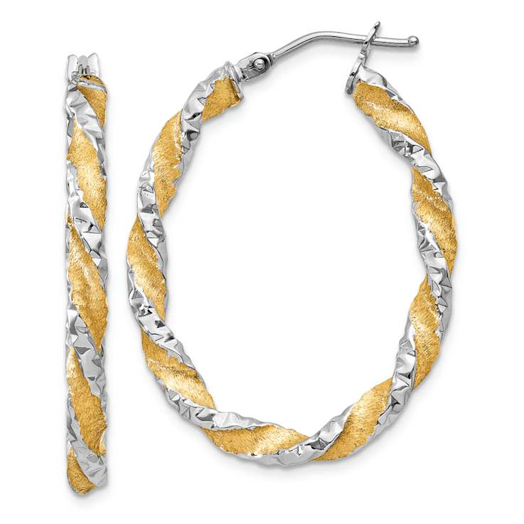 14k White Gold and Yellow Rhodium Over 14k White Gold 3/4"
Diamond-Cut Twisted Oval Hoop Earrings