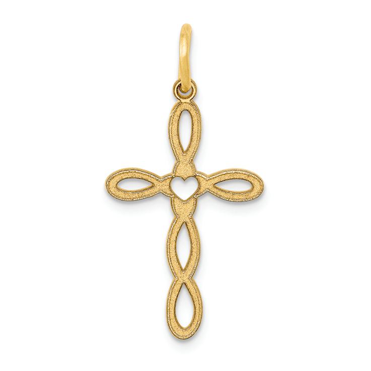 14k Yellow Gold Satin Loop with Center Heart Cross Pendant