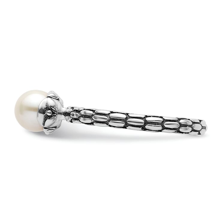 Rhodium Over Sterling Silver Stackable Expressions Patterned White
Freshwater Cultured Pearl Ring