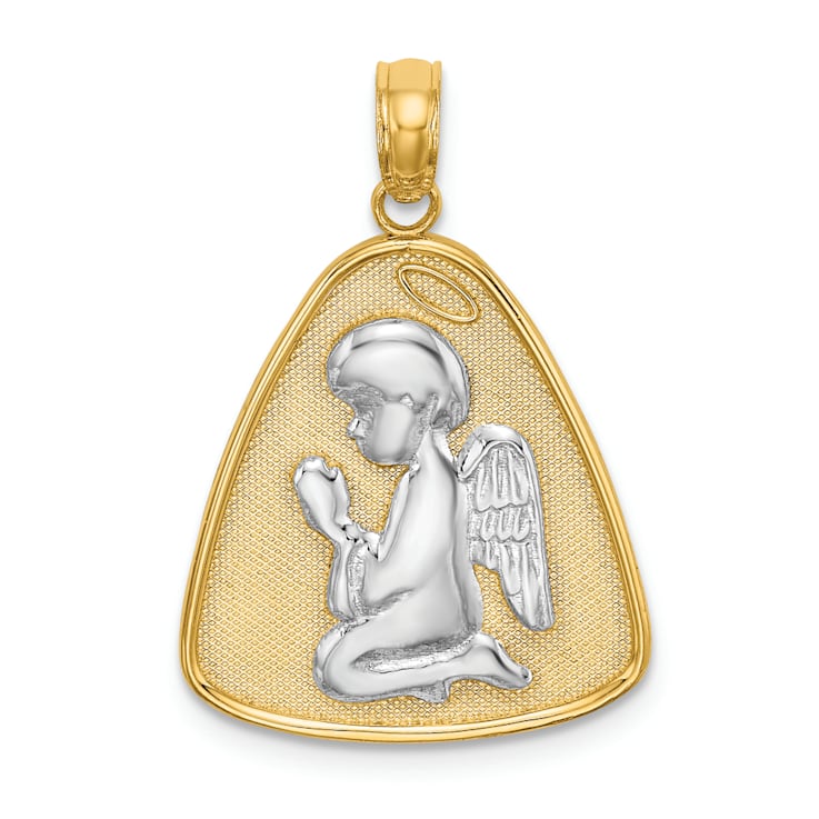 14k Two-tone Gold Angel Praying with Halo On Triangle Disc Pendant