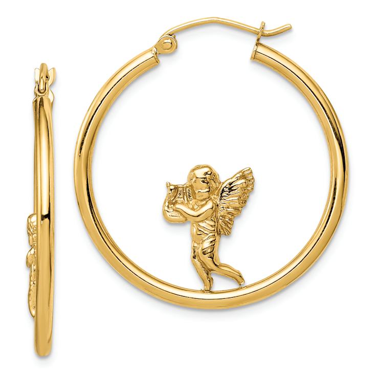 14k Yellow Gold with Angel 1 3/16" Hoop Earrings