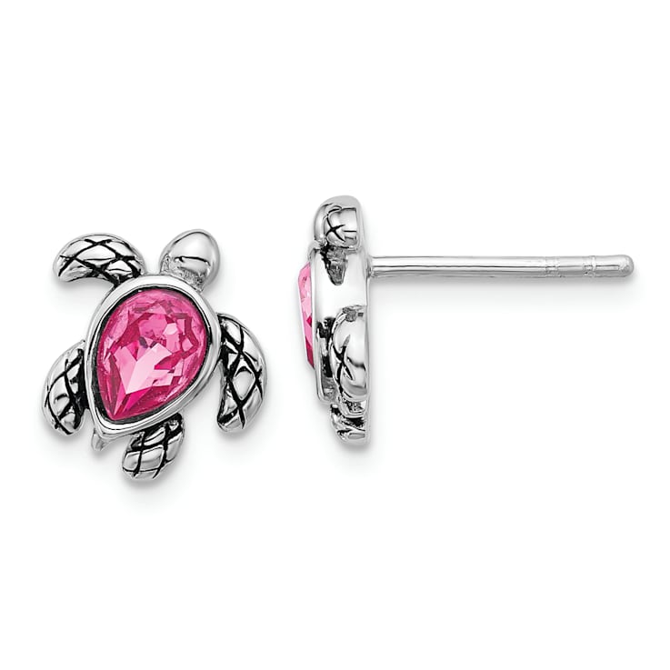 Rhodium Over Sterling Silver Antiqued Crystal October Birthstone Turtle Earrings