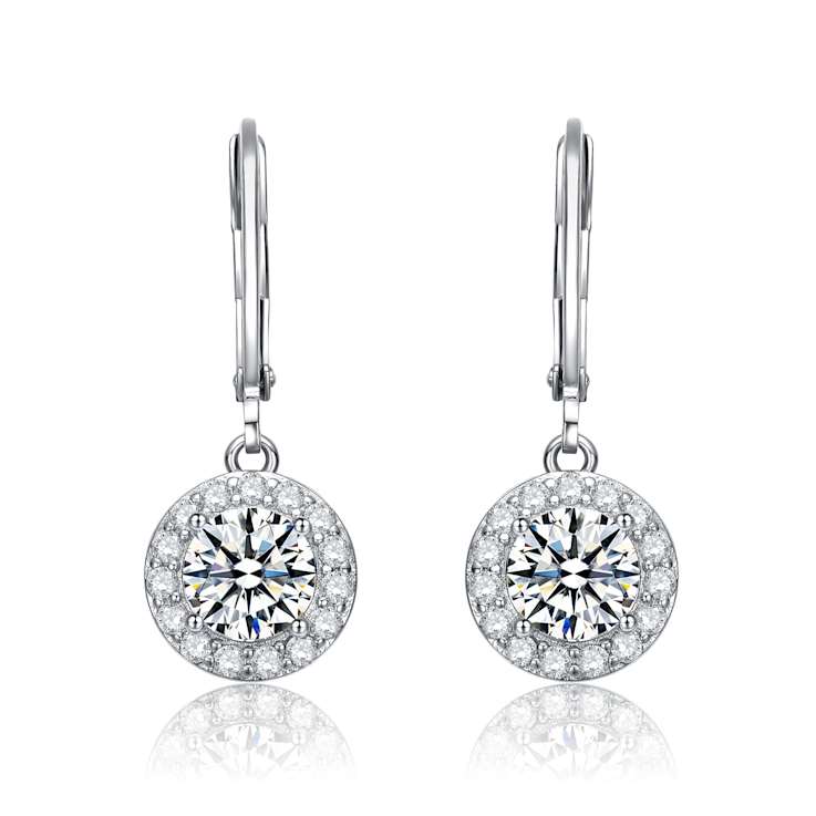CZ Halo Drop Earrings In White Rhodium Over Brass