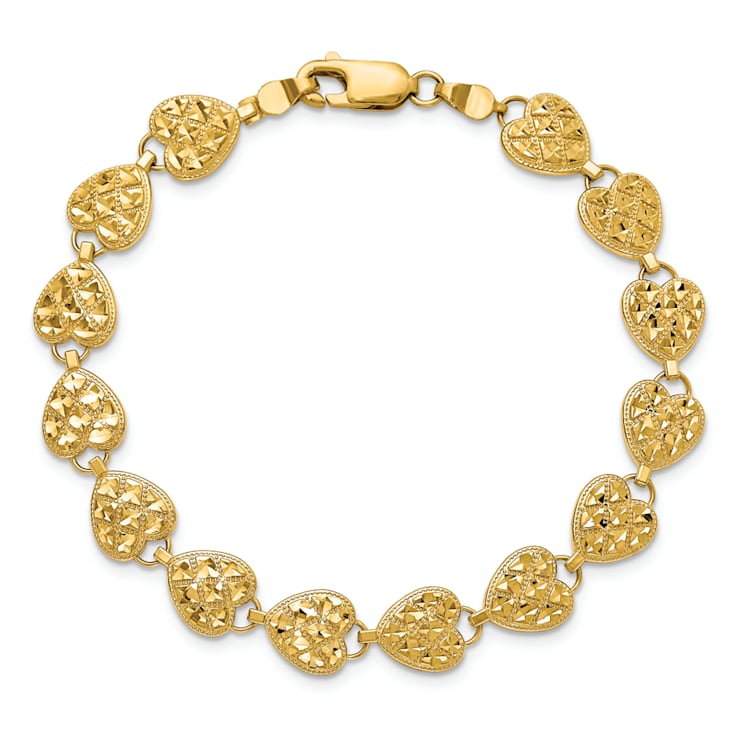 14k Yellow Gold Polished, Textured and Diamond-Cut Hearts Link Bracelet