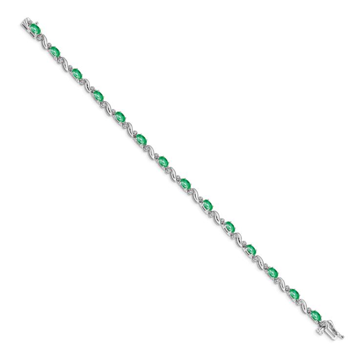 Rhodium Over 10k White Gold Diamond and Emerald Bracelet