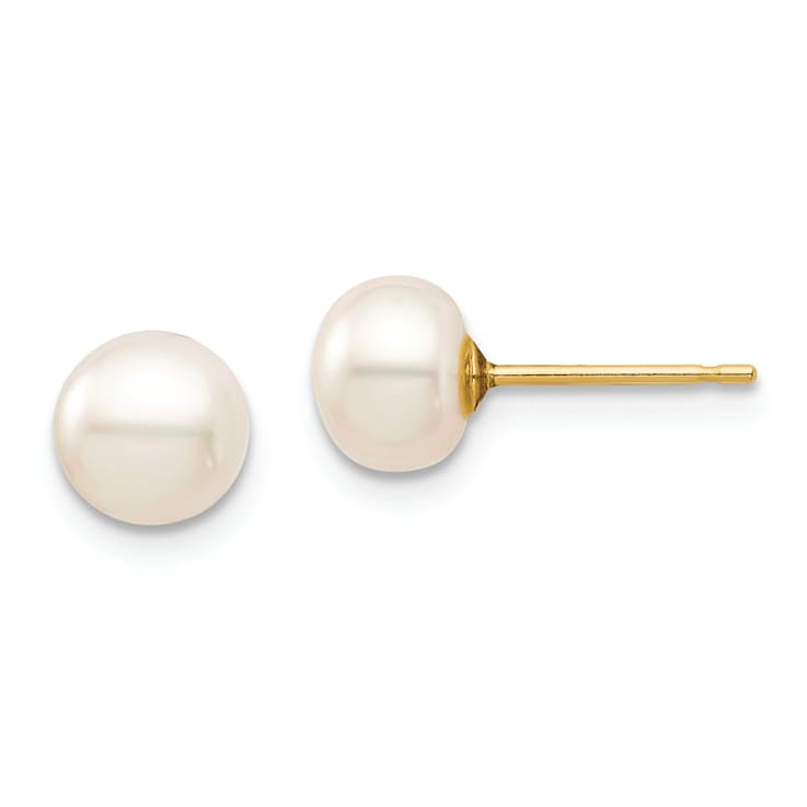 14k Yellow Gold 6-7mm White Button Freshwater Cultured Pearl Stud Earrings