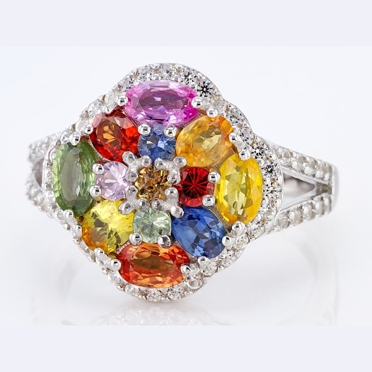 Multi-Sapphire Rhodium Over Sterling Silver Ring 3.04ctw