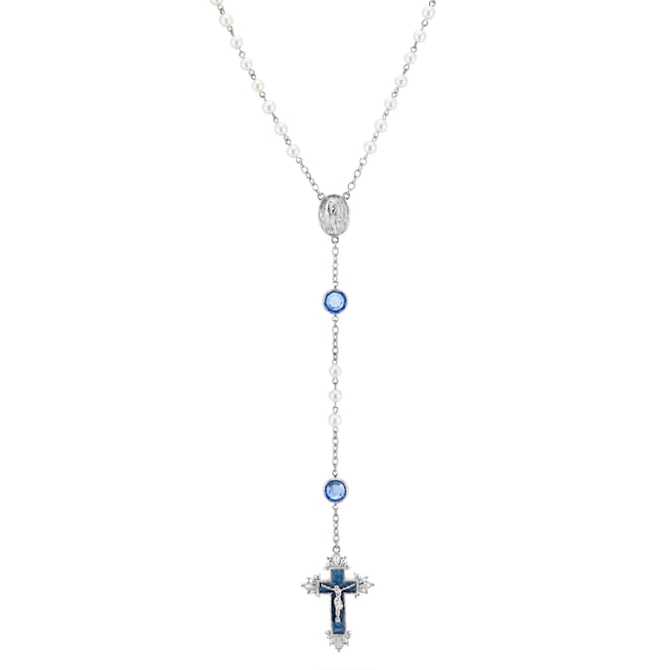 Symbols Of Faith Silver Tone Base Metal Simulated Pearl Blue Crystal and
Blue Enamel Rosary