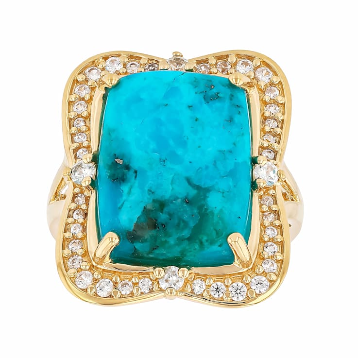 Turquoise And White Zircon Cocktail Ring In 18K Gold Over Sterling
Silver 0.55ctw