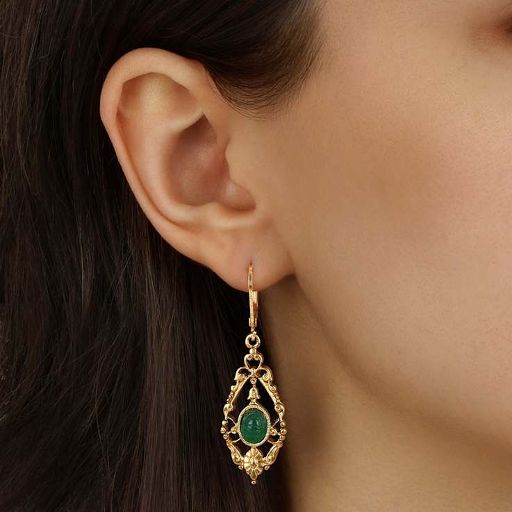 Green Teardrop Dangle Earrings In Gold Tone