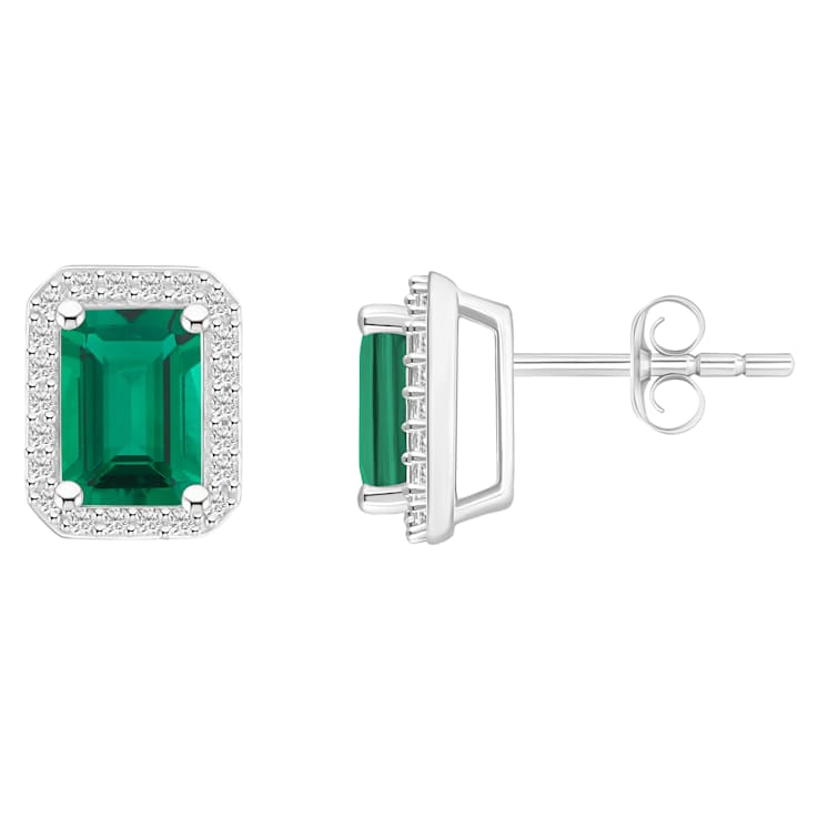 7x5mm Emerald Cut Created Emerald And Created White Sapphire 10k White
Gold Halo Stud Earrings