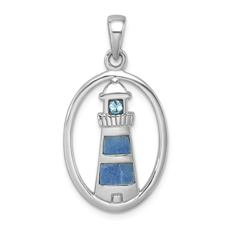 Rhodium Over Sterling Silver Oval Adventurine and Cubic Zirconia
Lighthouse Pendant