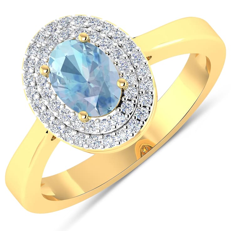 0.86ctw Blue Aquamarine and Diamond 14K Yellow Gold Halo Ring