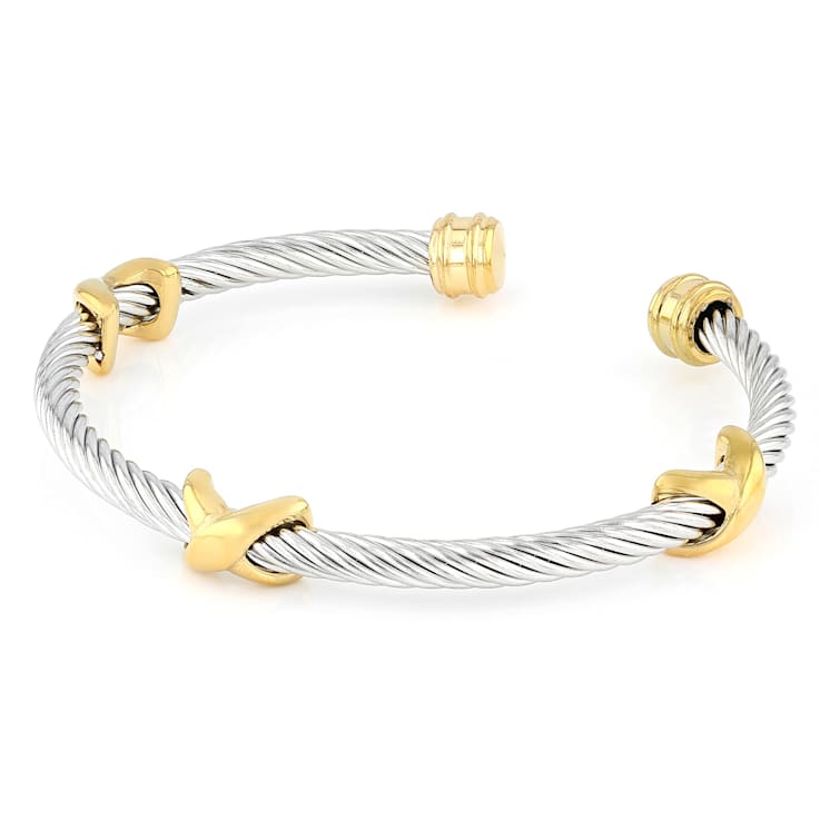 Two-Tone Cable With "X" Cuff Bracelet 4mm