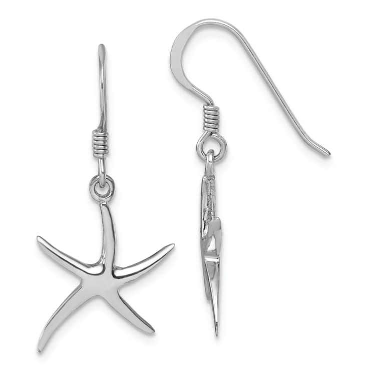 Rhodium Over Sterling Silver Polished Starfish Dangle Earrings