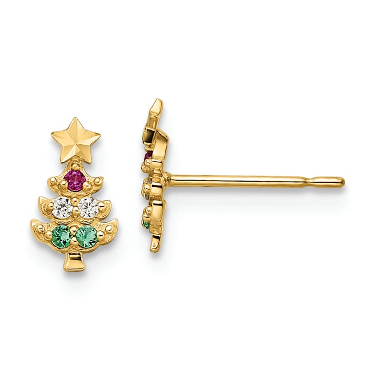 14K Yellow Gold Red and Clear Cubic Zirconia and Green Glass Christmas
Tree Post Earrings