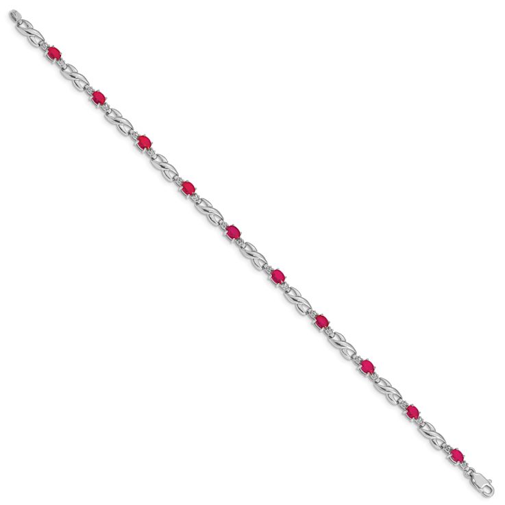 Rhodium Over 10k White Gold Diamond and Composite Ruby Bracelet