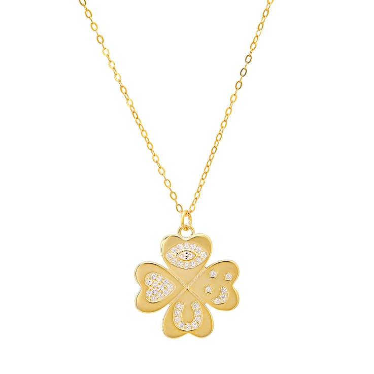 White Cubic Zirconia 14k Yellow Gold Over Sterling Silver Clover Pendant 0.22ctw