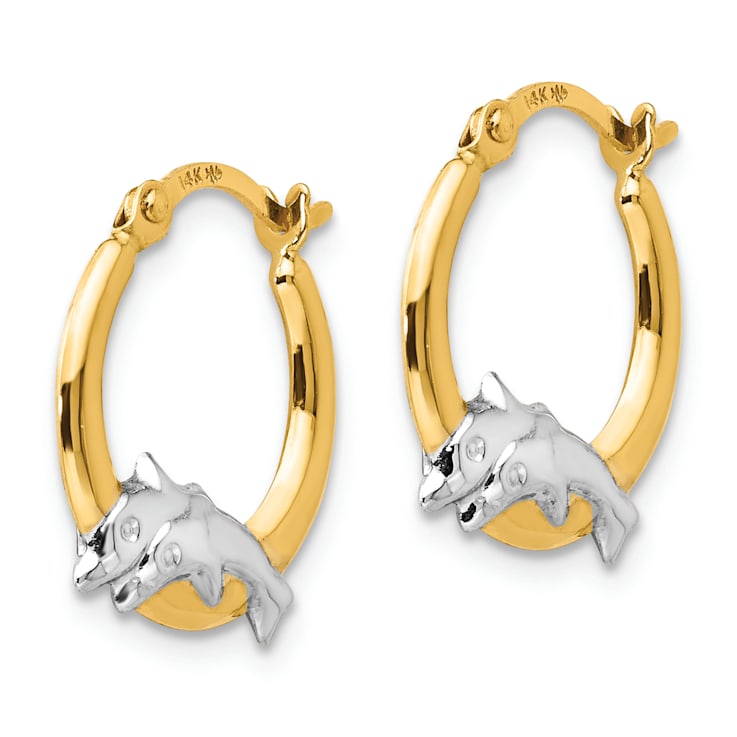 14k Yellow Gold and Rhodium Over 14k Yellow Gold 9/16" Dolphin Hoop Earrings
