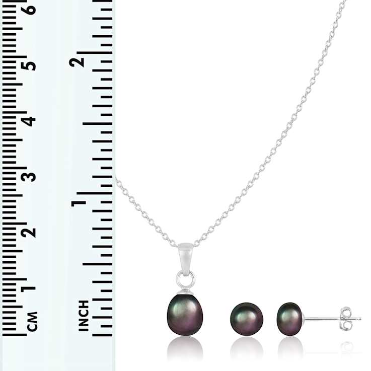 6mm Black Cultured Freshwater Pearl Rhodium Over Sterling Silver Pendant
& Earring Set