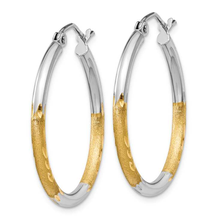 14k Yellow Gold and Rhodium Over 14k Yellow Gold 13/16" Polished
Satin and Diamond-Cut Hoop Earrings
