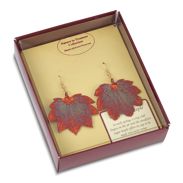 Iridescent Copper Dipped Full Moon Maple Leaf Gold-tone Dangle Earrings