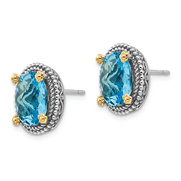 Sterling Silver Antiqued with 14K Accent Swiss Blue Topaz Earrings