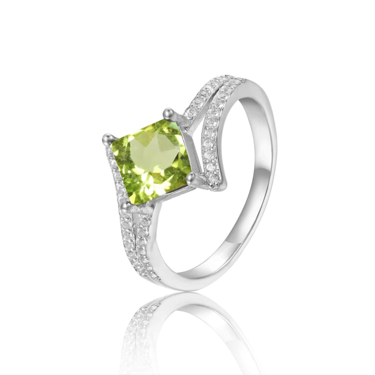 Princess Cut Peridot with White Sapphire Accents Bypass Ring, 1.08ctw