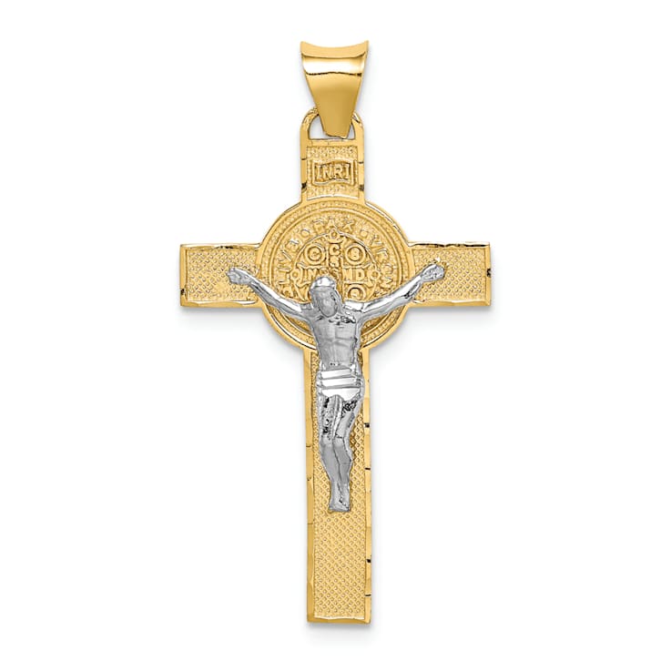 14K Yellow and White Gold St. Benedict Medal Crucifix Cross Pendant
