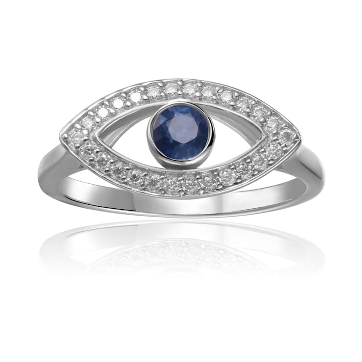 Blue Sapphire with Moissanite Accents Rhodium Over Sterling Silver Evil
Eye Halo Ring