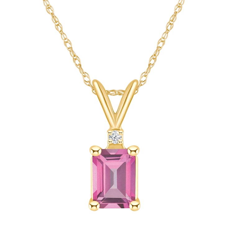 7x5mm Emerald Cut Pink Topaz with Diamond Accent 14k Yellow Gold Pendant
With Chain