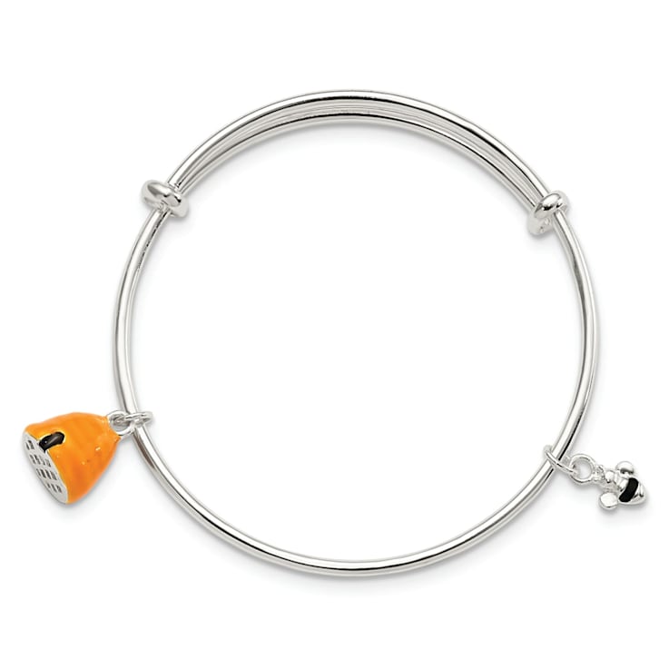 Sterling Silver Yellow and Black Enamel Bee and Beehive Children's Bangle
