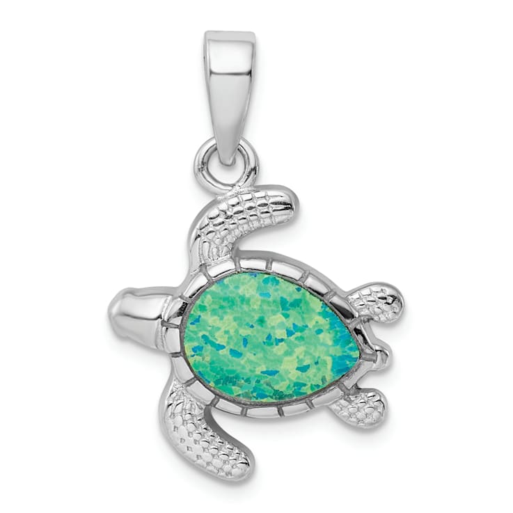Rhodium Over Sterling Silver Green Inlay Lab Created Opal Turtle Pendant