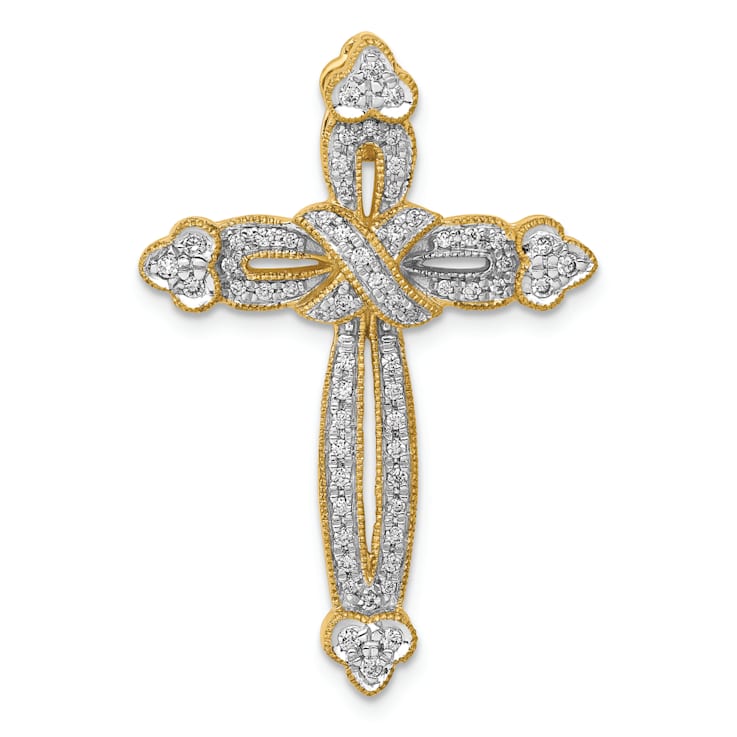 14k Yellow Gold and Rhodium Over 14k Yellow Gold Diamond Budded Cross
Chain Slide Pendant