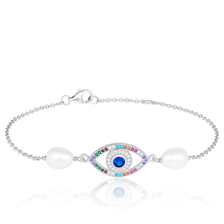 Sterling silver rhodium plated bracelet with 7.5-8mm freshwater pearls
and multicolored CZS